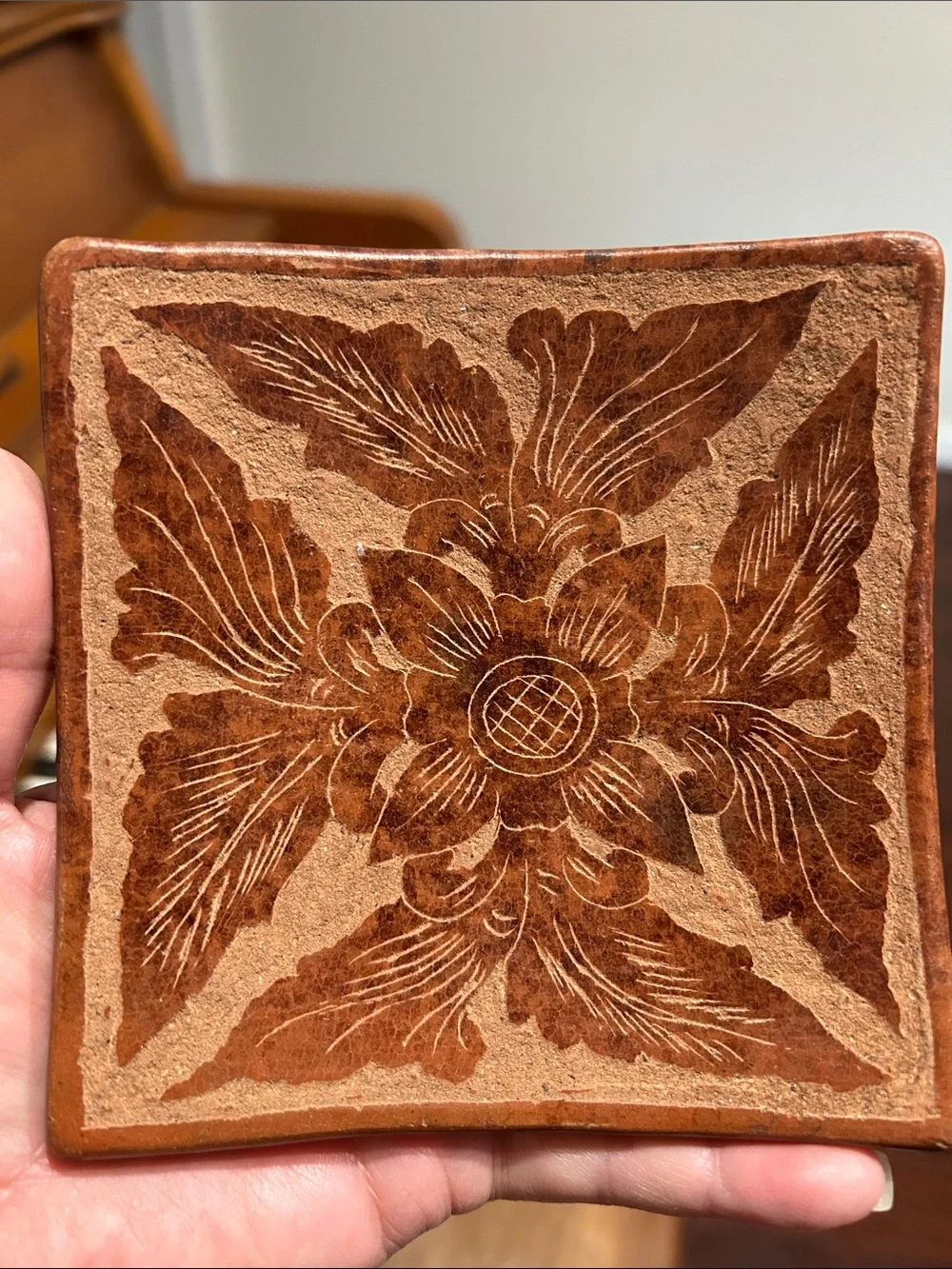 Handcrafted Floral candle holder or trinket dish - Brown